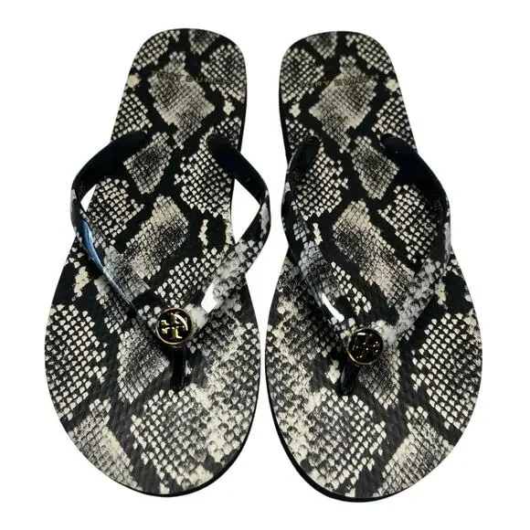 Tory Burch Flip Flops in the Black and White Roccia Snakeskin print. Size 6 - Picture 9 of 9